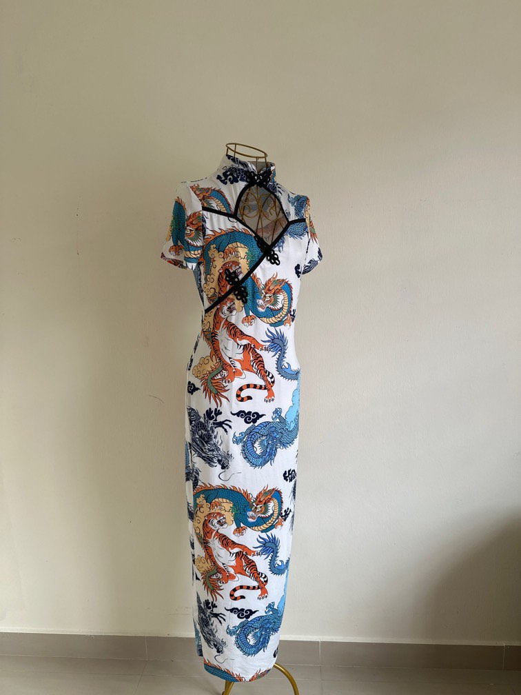Golden Chinese Dragon Floral Print Bodycon Dress