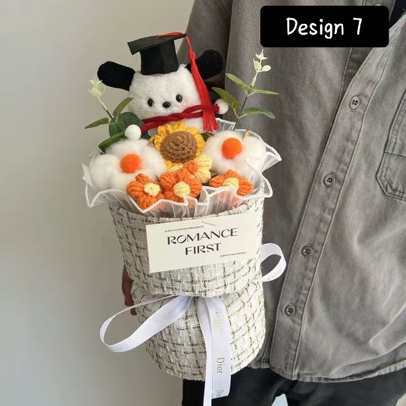 Cute Pochacco Knitted Crochet Graduation Flower Bouquet, Hobbies & Toys ...