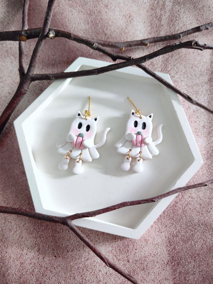 Kitty Ghost Hugging Pink Pumpkin Spooky Halloween Polymer Clay Earrings Cute Girly Earrings Fall Autumn Earrings Women s Fashion Jewelry Organisers Earrings on Carousell