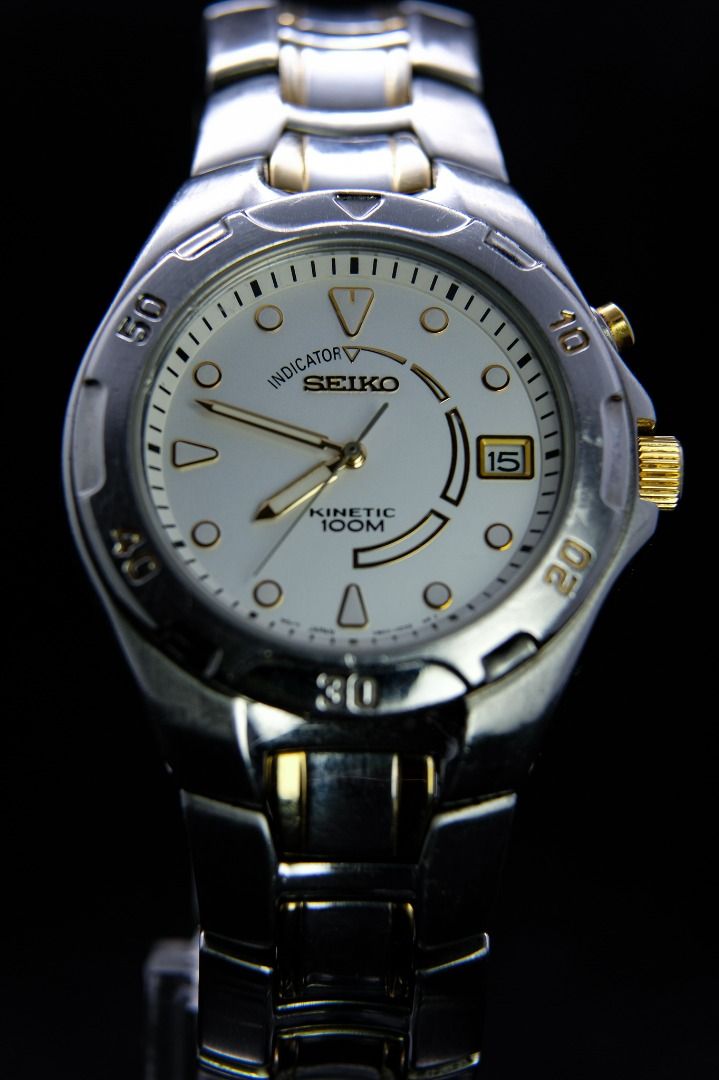 SEIKO Kinetic 100m 5M62-0D40 (Category: Luxury Watches) located in Manila. Submitted by rafael_lesaguis (Listing ID 1322534237, Image 2). Description: SEIKO Kinetic 100m 5M62-0D40 Condition 8/10 Used with care. Flaws, if any, are barely noticeable. See to appreciate. • Case size: 37mm • Good Capacitor • Clean Crystal • 15 links (can fit large wrist) Serial# 171681 Note: No more original box. Will provide basic watch box instead. Price: 7,300 + SF