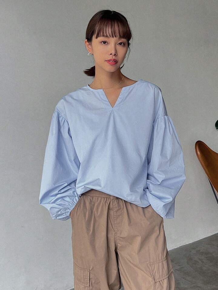 SHEIN lantern sleeve blouse (Category: Blouses) located in Marikina City. Submitted by solarkae (Listing ID 1322417666, Image 2). Description: used once only swipe for actual pic best fits small to medium.