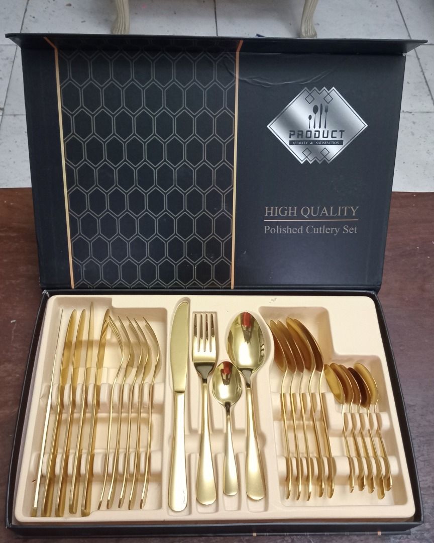Tableware set (Category: Coffee & Tea Tableware) located in Marikina City. Submitted by lynx1972 (Listing ID 1322461553, Image 1). Description: Stainless steel (golden spoon and fork set) Fixed price already.