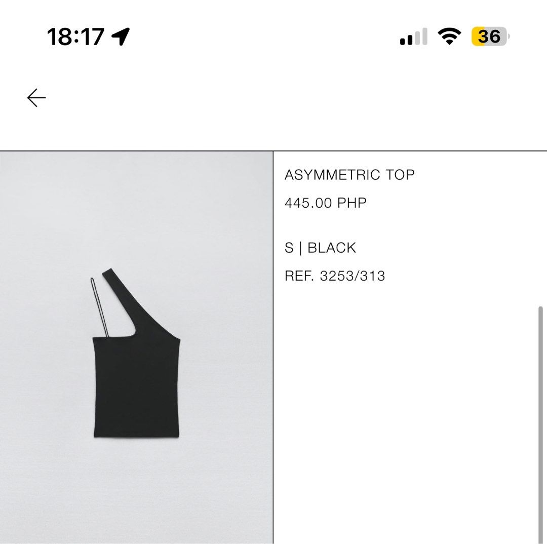 Zara Asymmetric Top (Black) (Category: Sleeveless) located in Cebu City. Submitted by ____etal (Listing ID 1322482296, Image 3). Description: zara top size small used twice only screenshot included of original price when i bought it from the app store used twice dont like how it fits me so im selling it and im also cleaning out my wardrobe buyer should pay for shipping/ delivery fee based in guadalupe cebu city delivery via maxim for within cebu 