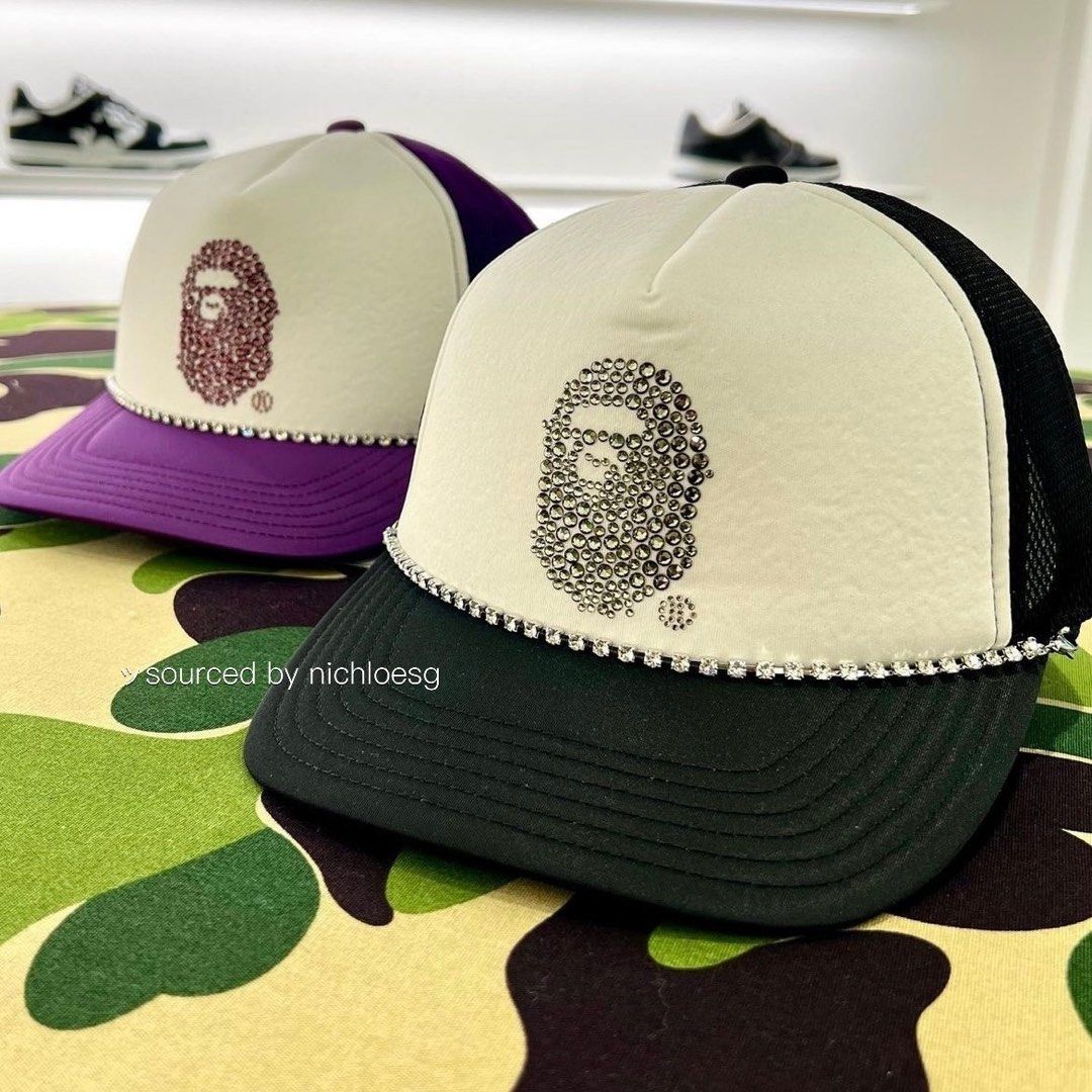 BAPE CRYSTAL STONE APE HEAD MESH CAP, Women's Fashion