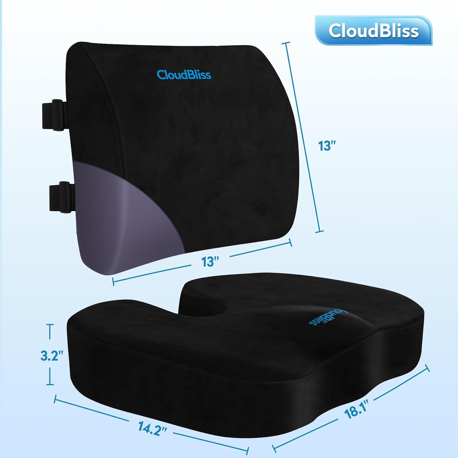 CloudBliss Seat Cushion for Office Chair Car Seat Lumbar and Back Support Memory Foam Pillow Coccyx Cushion for Tailbone Sciatica Back Pain Relief Black Black Large Health Nutrition Braces Support Pr...
