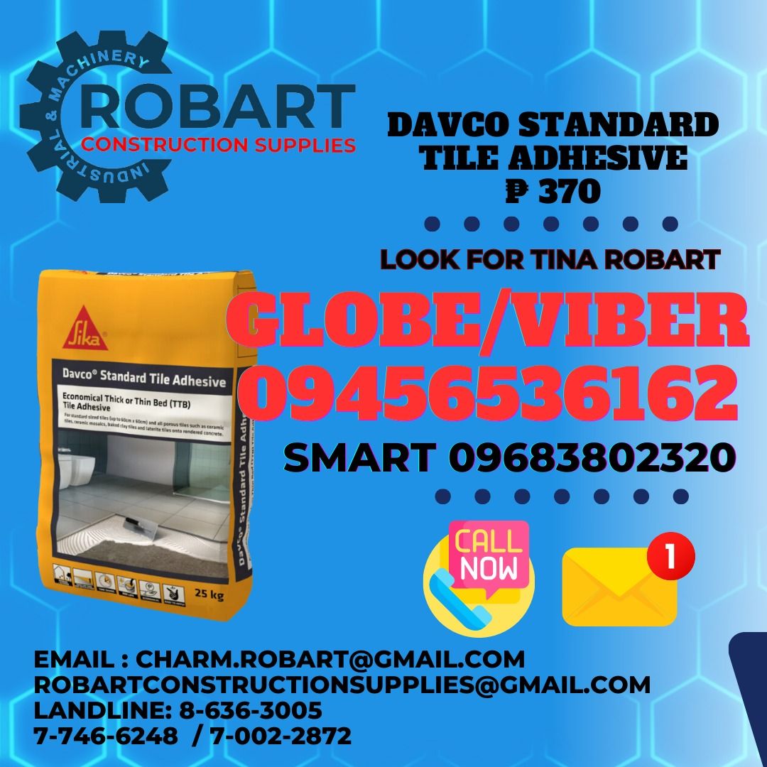 Davco Standard Tile Adhesive (Category: Construction & Building Materials) located in Manila. Submitted by tina.sales (Listing ID 1322612053, Image 1). Description: Davco Standard Tile Adhesive 𝑹𝑶𝑩𝑨𝑹𝑻 𝑪𝑶𝑵𝑺𝑻𝑹𝑼𝑪𝑻𝑰𝑶𝑵 𝑺𝑼𝑷𝑷𝑳𝑰𝑬𝑺 𝑶𝒇𝒇𝒊𝒄𝒆 𝑨𝒅𝒅𝒓𝒆𝒔𝒔: 𝟏𝟒𝟎𝟓 𝒀𝒖𝒔𝒆𝒄𝒐 𝑺𝒕. 𝑺𝒕𝒂 𝑪𝒓𝒖𝒛 𝑴𝒂𝒏𝒊𝒍𝒂 𝑺𝑬𝑵𝑫 𝑼𝑺 𝑴𝑬𝑺𝑺𝑨𝑮𝑬 𝑭𝑶𝑹 𝑰𝑵𝑸𝑼𝑰𝑹𝑰𝑬𝑺 ‼️ ‼️ 𝑮𝒍𝒃𝒆 - (𝟢𝟫𝟒𝟓-𝟔𝟓𝟑-𝟔𝟏𝟔𝟐) 𝑻.𝑴. - (𝟢𝟫𝟔