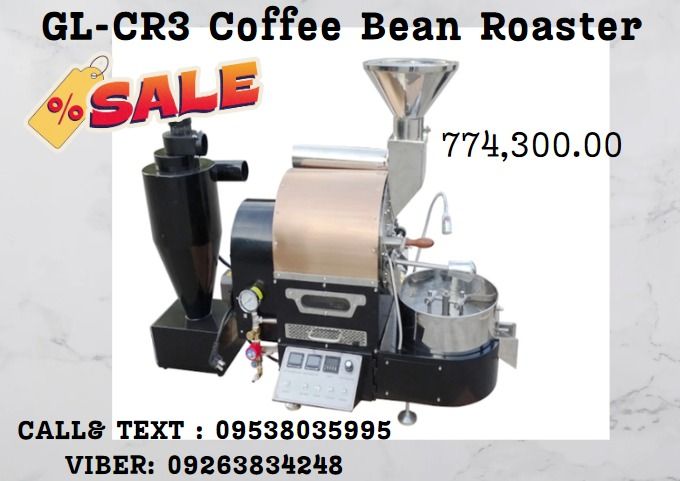 GL-CR3 Coffee Bean Roaster (Category: Coffee Machines & Makers) located in Caloocan City. Submitted by 09051674995 (Listing ID 1322607359, Image 1). Description: Model: GL-CR3 Coffee Bean Roaster Output: 3Kg/time Power: 1/8Hp*3.100W*1. Gas consumption: 0.7Kg/hour per batch. Mechanical size: 1420mm*610mm*1410mm. Mechanical weight: 160Kgs..