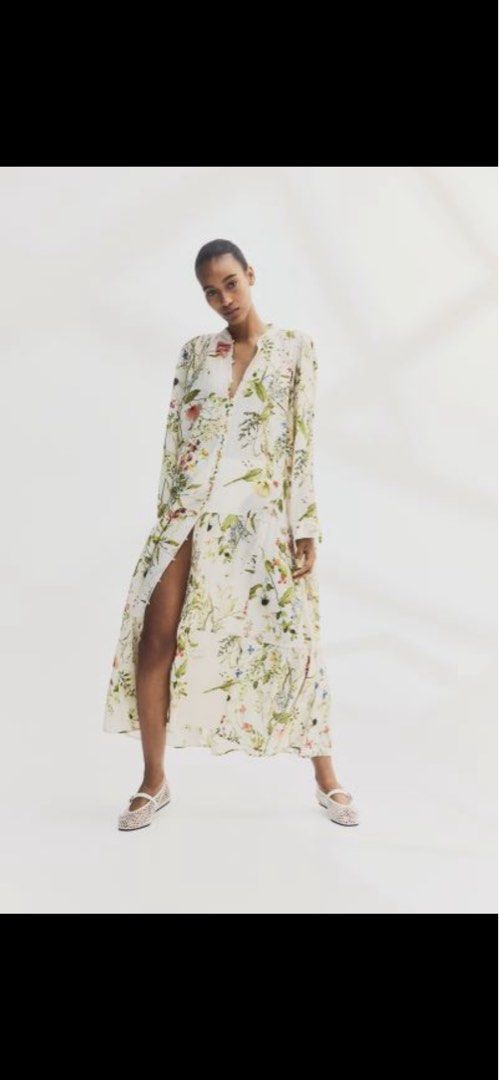 h&m oversized maxi dress Women's Cream/floral Oversized Tie-Belt Dress