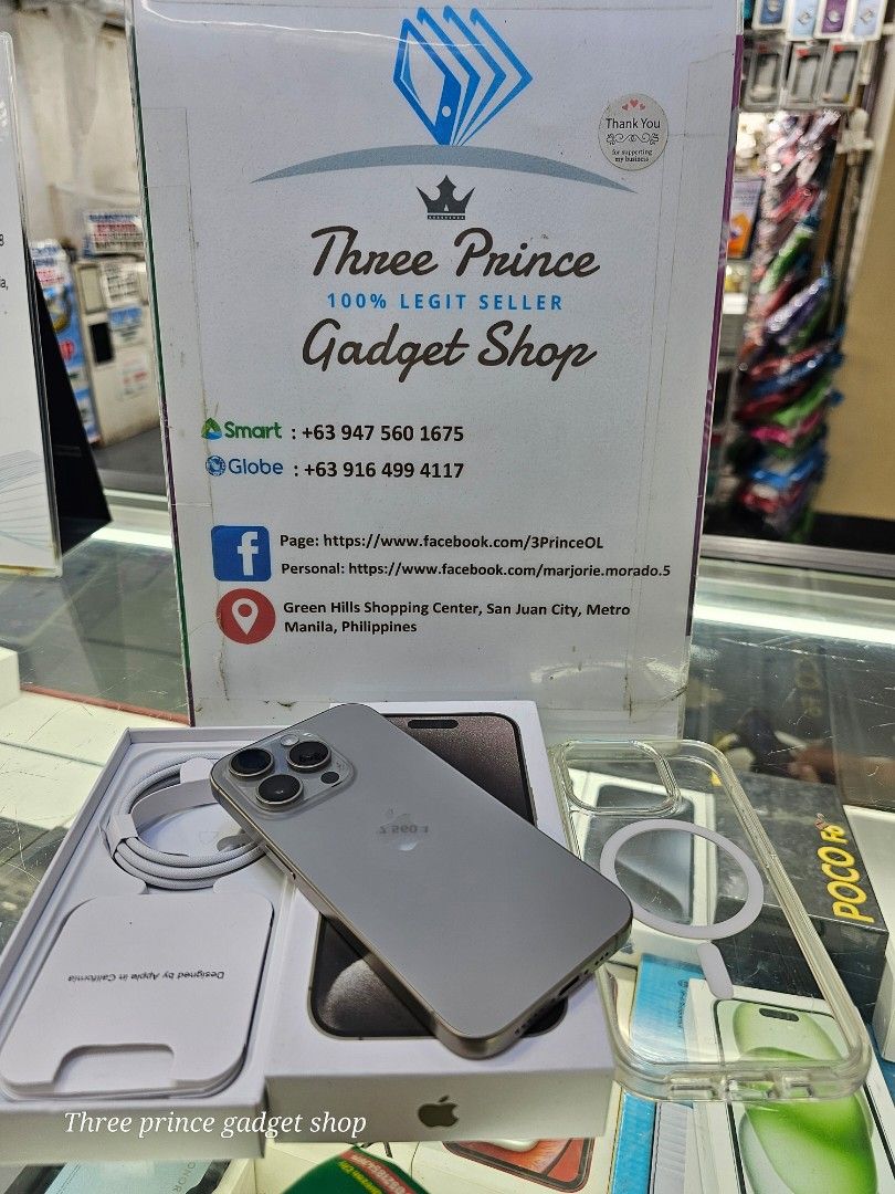 Iphone 15 pro 256gb 2ndhand HK (Category: iPhone 15 Series) located in San Juan City. Submitted by threeprincegadgetshop (Listing ID 1322588161, Image 1). Description: iphone 15 pro 256gb 2ndhand with apple genuine parts display meaning palit LCD pero sa apple mismo pinalitan dual sim factory unlcked check all u want 📌we do cod in metro manila and near provinces just add sf only 📌we accept swap / trade in 📌can visit in my store at greenhills s