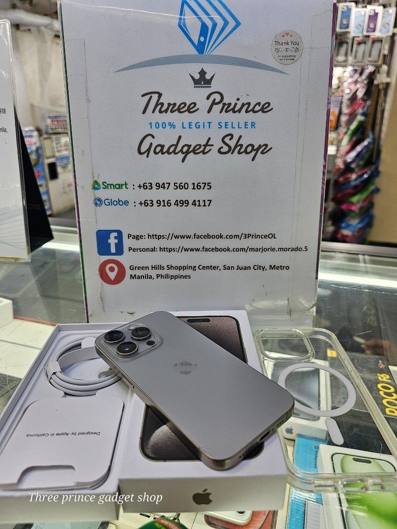 Iphone 15 pro 256gb 2ndhand HK (Category: iPhone 15 Series) located in San Juan City. Submitted by threeprincegadgetshop (Listing ID 1322588161, Image 2). Description: iphone 15 pro 256gb 2ndhand with apple genuine parts display meaning palit LCD pero sa apple mismo pinalitan dual sim factory unlcked check all u want 📌we do cod in metro manila and near provinces just add sf only 📌we accept swap / trade in 📌can visit in my store at greenhills s