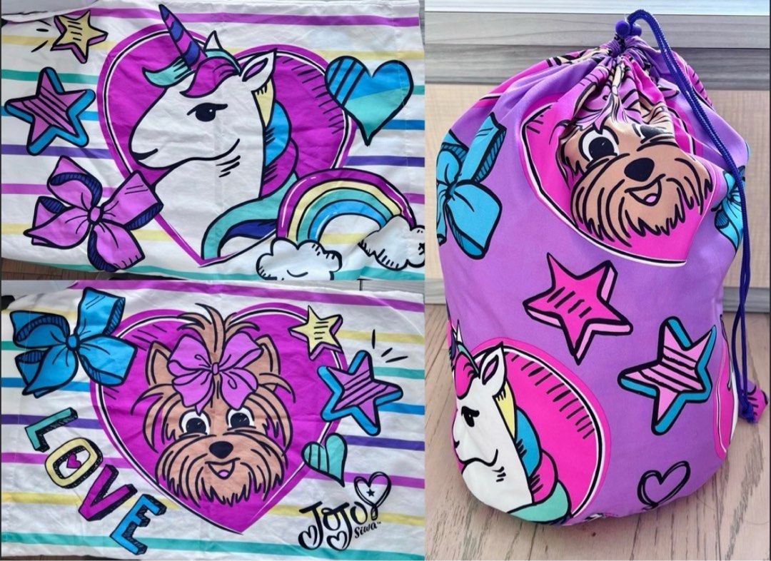 JoJo Siwa Unicorn Puppy Twin Full Reversible 4 pc set Comforter and Sham Set Kid s Bedding Nickelodeon Bows ribbon Stripe purple white rainbow dog princess theme Furniture Home Living Bedding Towels o...