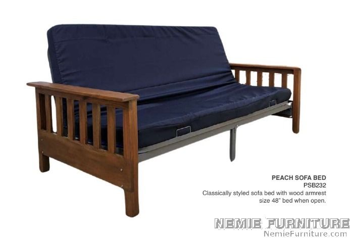 PEACH sofa bed (Category: Sofas) located in Quezon City. Submitted by nemiefurniture (Listing ID 1322619445, Image 1). Description: sofa bed with metal and wooden frame 48" x 75" color: wooden armrest, flat metallic gray frame with dark blue cover https://nemiefurniture.com Prices negotiable .