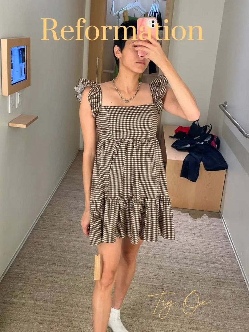 Reformation Jeune Organic Stretch Cotton Mini Dress in Layla white floral Isla green floral Tartine Check Women s Fashion Dresses Sets Dresses on Carousell