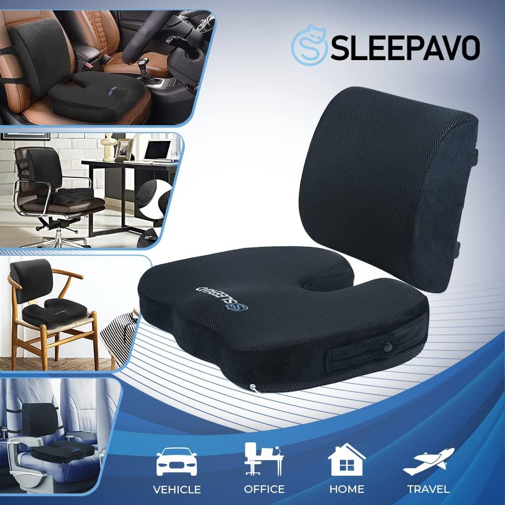Sleepavo Memory Foam Seat Cushion for Office Chair Orthopedic Back Butt Pillow for Sciatica Tailbone