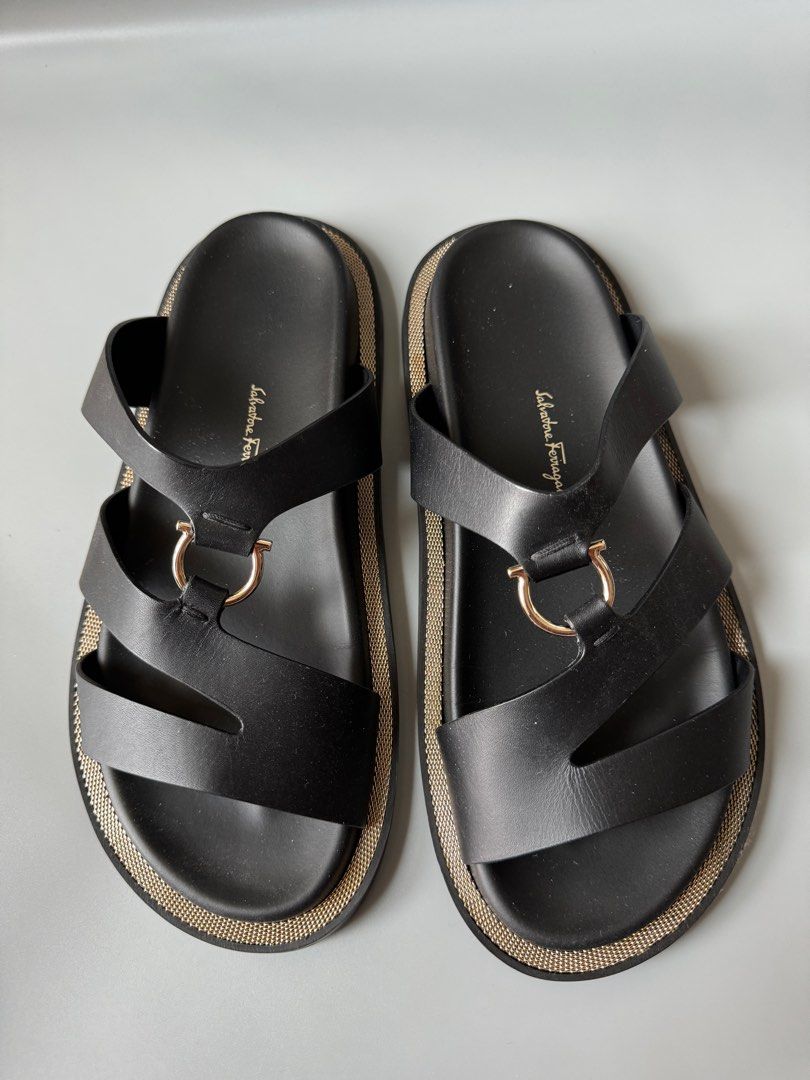 Stylish Salvatore Ferragamo Black Slides with Chic Gold Accent