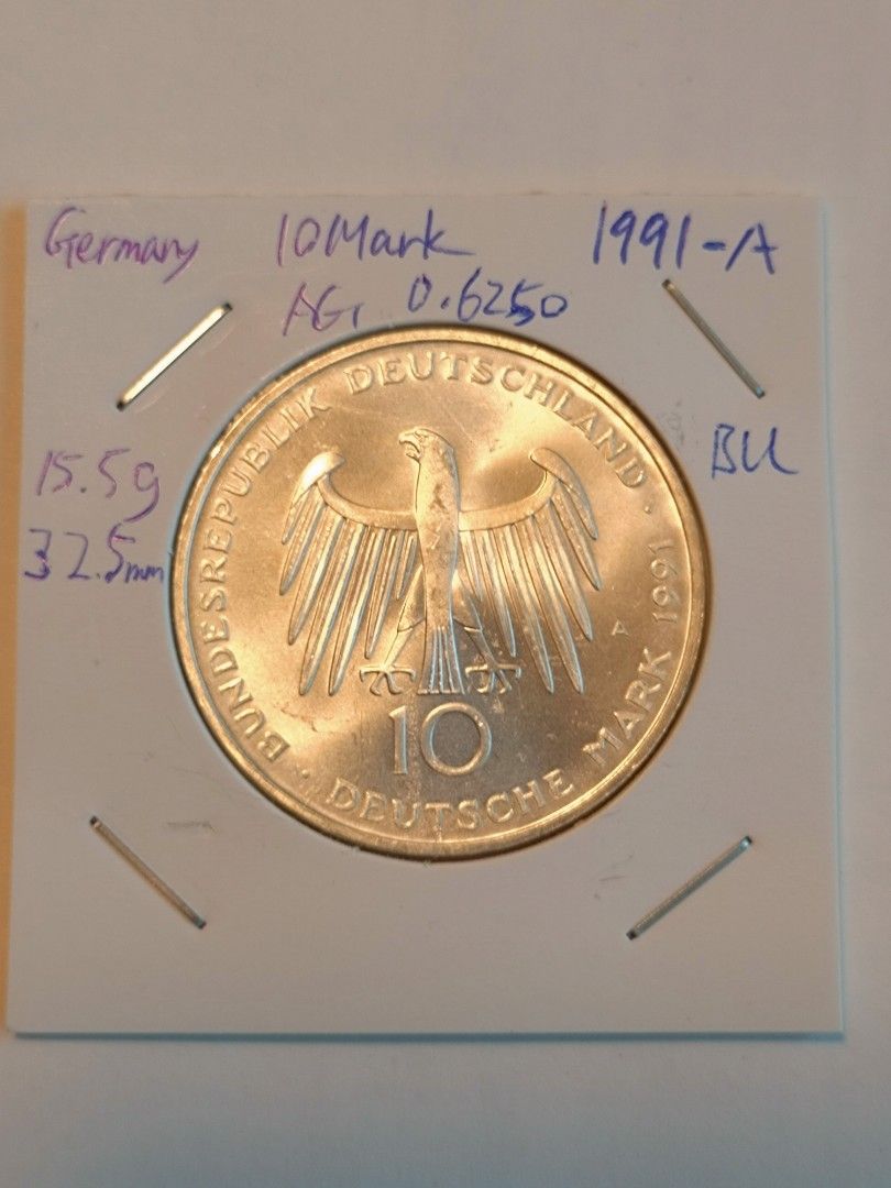1991年A 德國10馬克銀幣BU, Germany 10 mark 1991-A Silver coin, 興趣及遊戲, 收藏品及紀念品, 錢幣-  Carousell