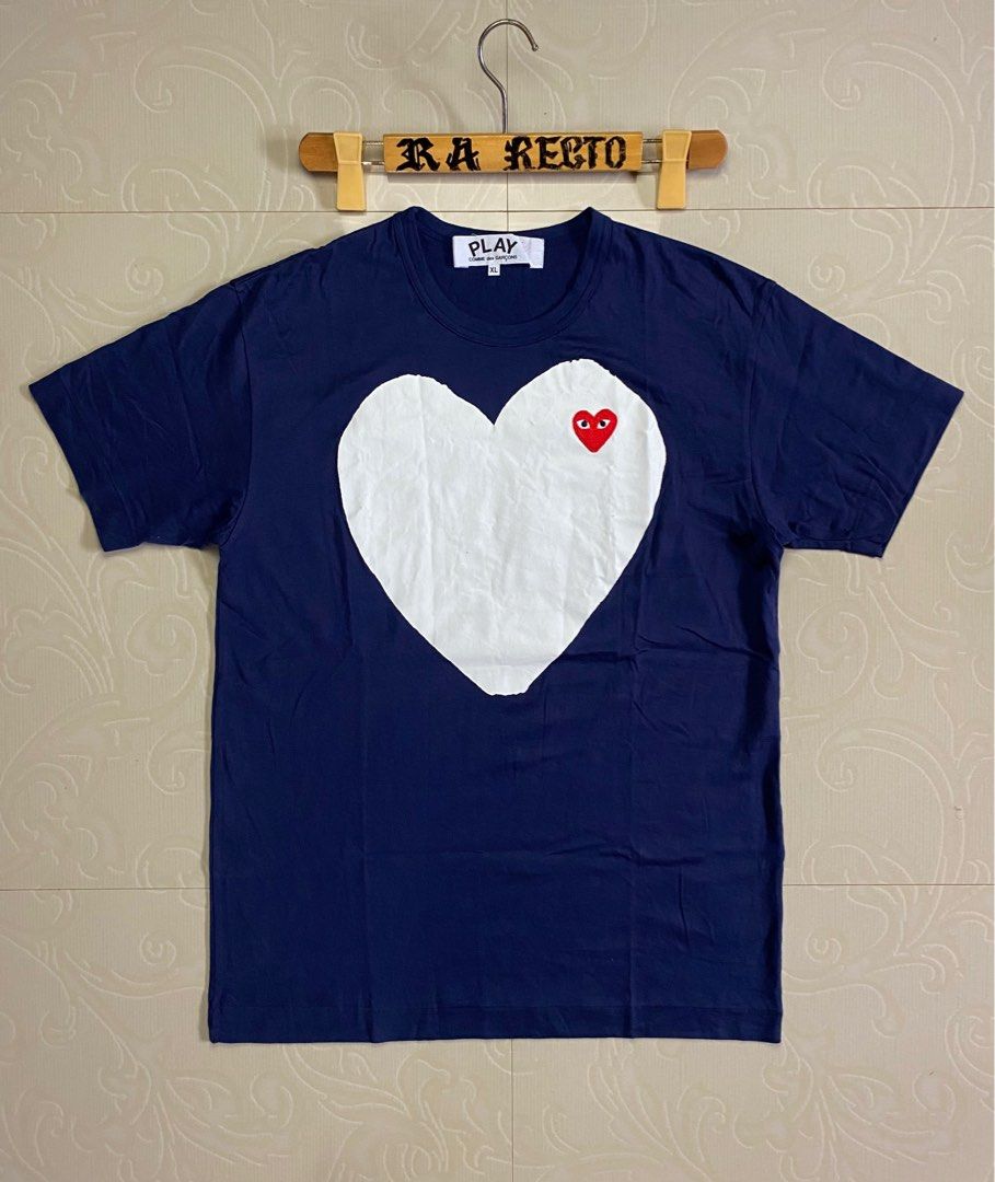 CDG PLAY COMME DES GARCONS WHITE BIG HEART AZ T184 Made In Japan Size XL Fits to Medium 20.5x28.5 Men s Fashion Tops Sets Tshirts Polo Shirts on Carousell