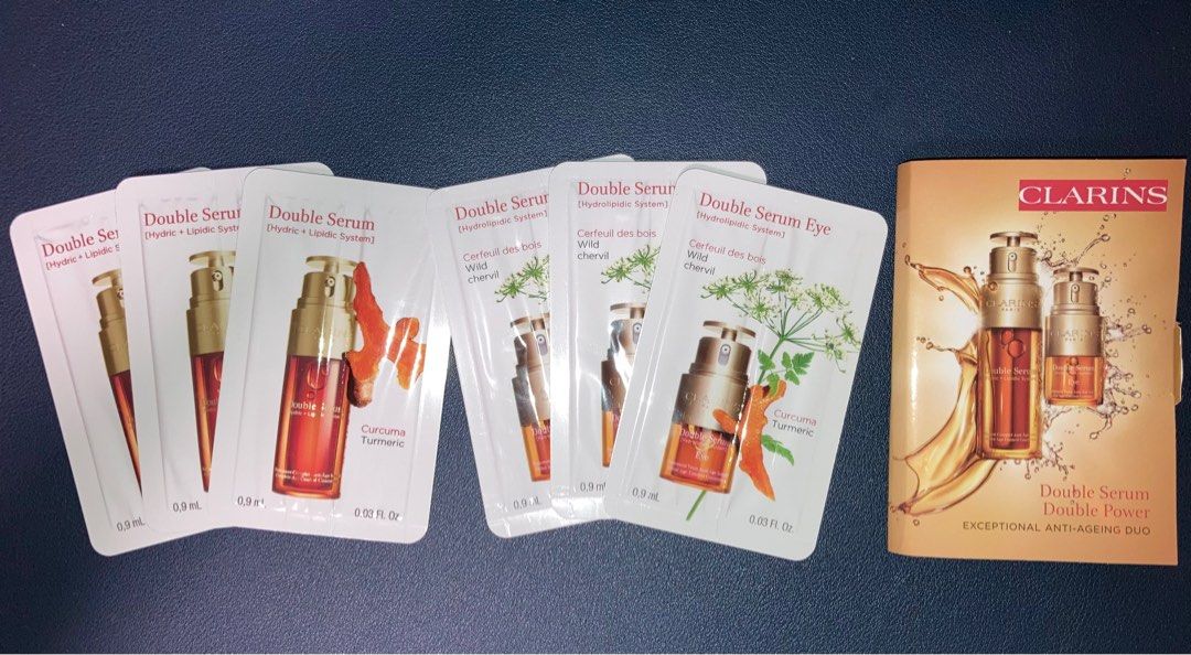 Clarins Double Serum Set (Category: Face Care) located in Singapore. Submitted by fadele (Listing ID 1318011296, Image 1). Description: Each set contains 3 sachets of Clarins Double Serum and 3 sachets of Double Serum Eye. 0.9 ml each - super convenient for travelling..