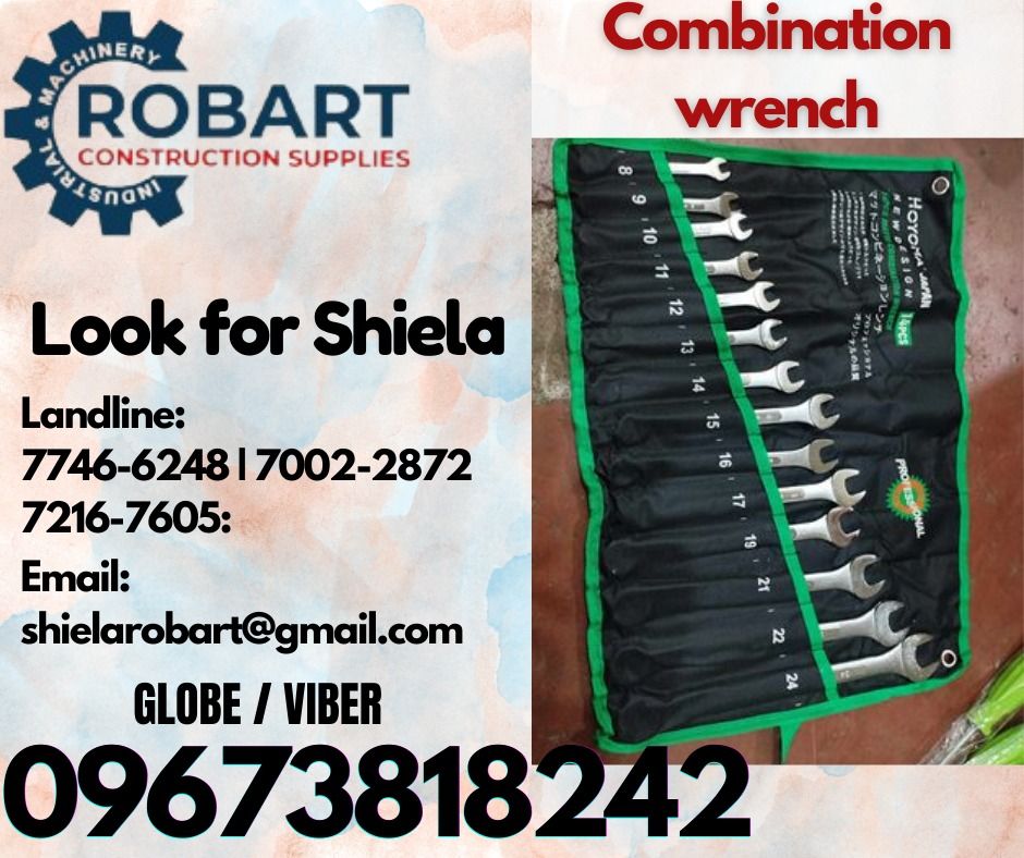 Combination Wrench (Category: Construction Tools & Equipment) located in Caloocan City. Submitted by shielaroba44709 (Listing ID 1317940635, Image 1). Description: Combination Wrench 8mm- 24mm 𝑹𝑶𝑩𝑨𝑹𝑻 𝑪𝑶𝑵𝑺𝑻𝑹𝑼𝑪𝑻𝑰𝑶𝑵 𝑺𝑼𝑷𝑷𝑳𝑰𝑬𝑺 Office Address: 1405 Yuseco St. Sta Cruz Manila SEND US MESSAGE FOR INQUIRIES ‼️ ‼️ Call: 09673818242 / 09662708845 Vibr - (09673818242) Landline: (𝟩𝟩𝟦𝟨-𝟨𝟤𝟦𝟪) / (𝟩𝟢𝟢𝟤-𝟤𝟪𝟩𝟤) / (𝟩𝟤𝟣𝟨-�