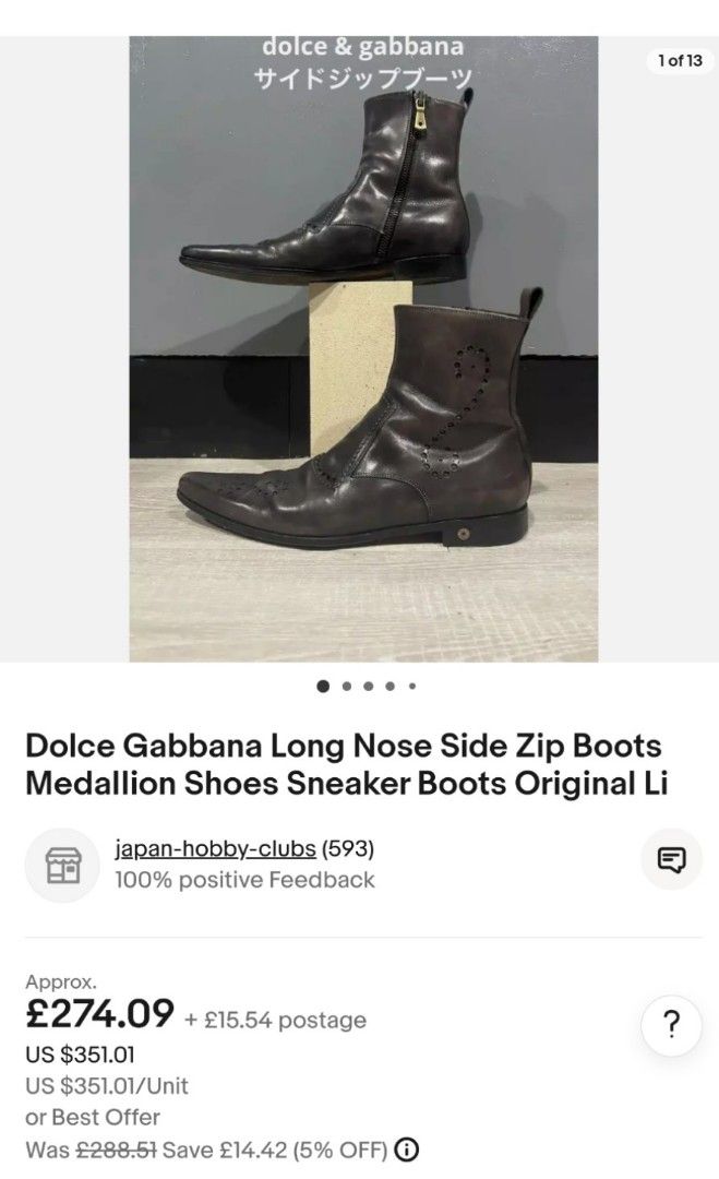 Dolce & Gabbana Men's Leather Boots (Category: Boots) located in Baguio. Submitted by PreiLoveMaria (Listing ID 1318011333, Image 2). Description: Dolce Gabbana Long Nose Side Zip Boots Medallion Shoes Sneaker Boots Original Genuine Leather Good used condition Normal signs of wear Size: 5 1/2 2nd hand/Preloved price is about 20k Rare find Kindly check the Detailed photos Shipping via J&T only No COD and COP Item is from Japan Surplus.