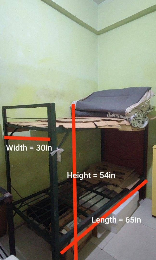 ‼️RUSH‼️LAST PIECE CUSTOM SINGLE SIZE - DOUBLE DECK METAL FRAME (Category: Bed Frames & Mattresses) located in Manila. Submitted by haggle.ph (Listing ID 1318056645, Image 1). Description: LOC: Sampaloc Manila near Arellano Legarda ✅ Negotiable pa po price ✅ Please see pics for flaws ✅ Complete parts. ✖️ NO MATTRESSES INCLUDED FLAWS: ‼️ Kailangan po linisan and repaint ‼️ Pls check pics.