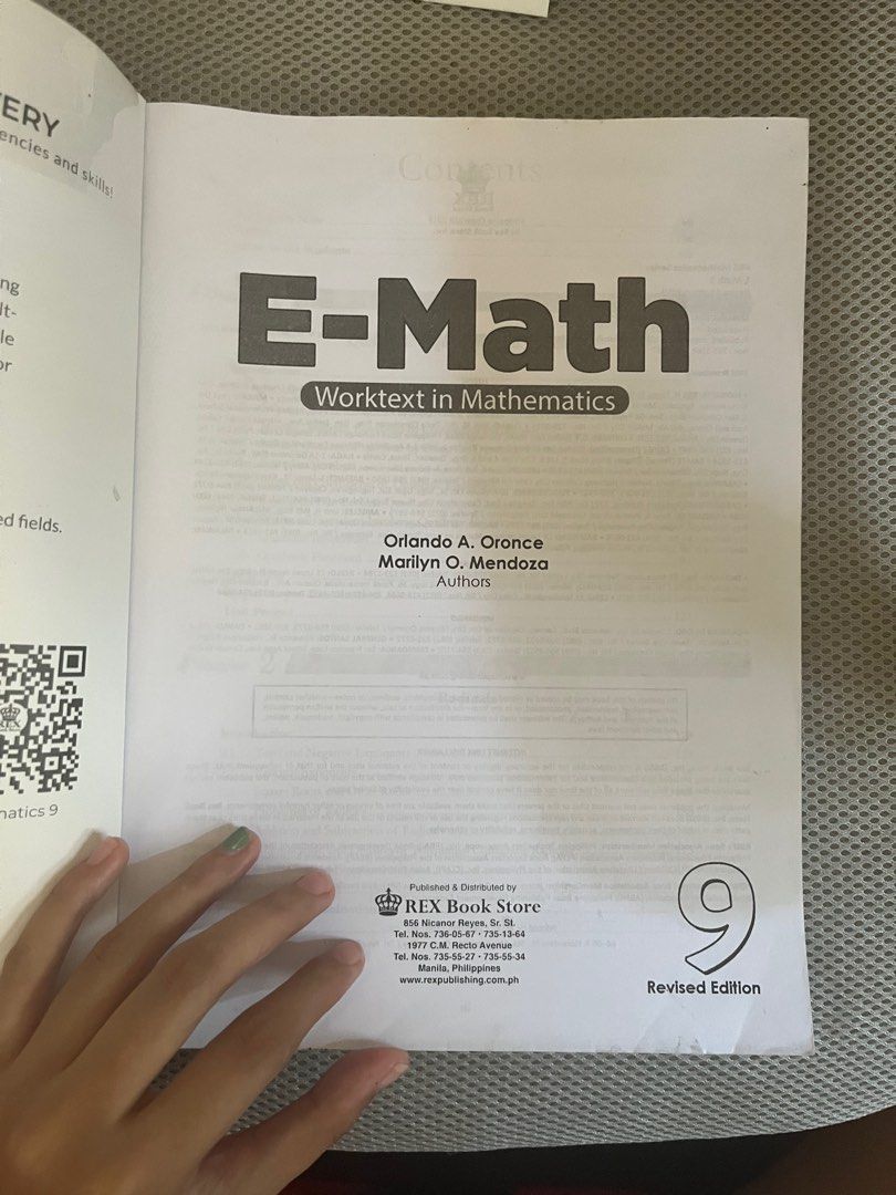 E-MATH 9 (GRADE 9) (Category: Textbooks) located in Paranaque City. Submitted by sofiaflrs (Listing ID 1314304363, Image 2). Description: Title: E-MATH 9 (GRADE 9) Publisher: REX Book Store Condition: Used but not abused. Can send more pictures via DM. Notes: 1. I have more textbooks! Most of them are priced the same. You can check my other listings. 2. All are in good condition, unless stated otherwise 3. I can send more pictures via personal me