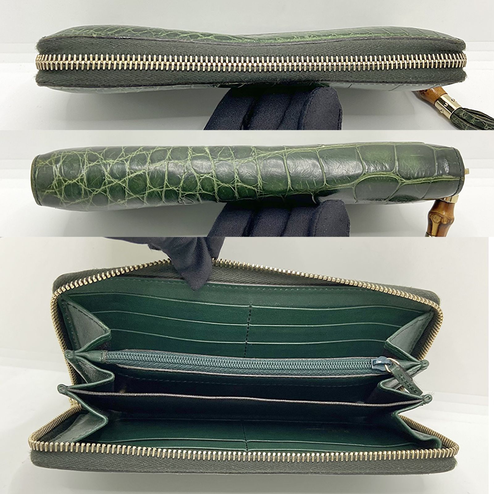 GUCCI 224253 GREEN EMBOSSED CROCODILE BAMBOO WITH INITIAL LONG ZIPPER WALLET 247034943 WE