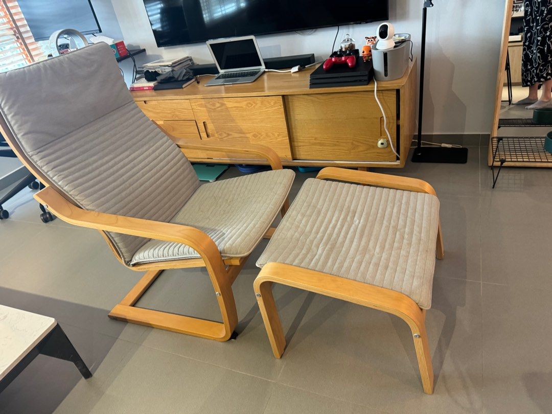 Hillared Beige Poang Chaise POÄNG Armchair, Birch Veneer/Knisa