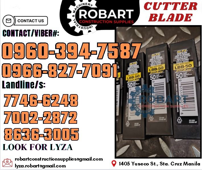 Olfa Cutter Blade (Category: Construction Tools & Equipment) located in Manila. Submitted by lyzarobart1999 (Listing ID 1317943427, Image 1). Description: Olfa Cutter Blade LBB-50 𝑹𝑶𝑩𝑨𝑹𝑻 𝑪𝑶𝑵𝑺𝑻𝑹𝑼𝑪𝑻𝑰𝑶𝑵 𝑺𝑼𝑷𝑷𝑳𝑰𝑬𝑺 𝒪𝒻𝒻𝒾𝒸𝑒 𝒜𝒹𝒹𝓇𝑒𝓈𝓈: 𝟣𝟦𝟢𝟧 𝒴𝓊𝓈𝑒𝒸𝑜 𝒮𝓉. 𝒮𝓉𝒶 𝒞𝓇𝓊𝓏 𝑀𝒶𝓃𝒾𝓁𝒶 ꜱᴇɴᴅ ᴜꜱ ᴍᴇꜱꜱᴀɢᴇ ꜰᴏʀ ɪɴQᴜɪʀɪᴇꜱ ‼️ ‼️ ɢʟᴏʙᴇ: (0966-827-7091) ꜱᴍʀᴛ - (0960-394-7587) ᴠɪʙʀ - (0960-394-7587) ʟᴀɴᴅʟɪɴᴇ: (8636-ʟᴏᴏᴋ ꜰᴏʀ