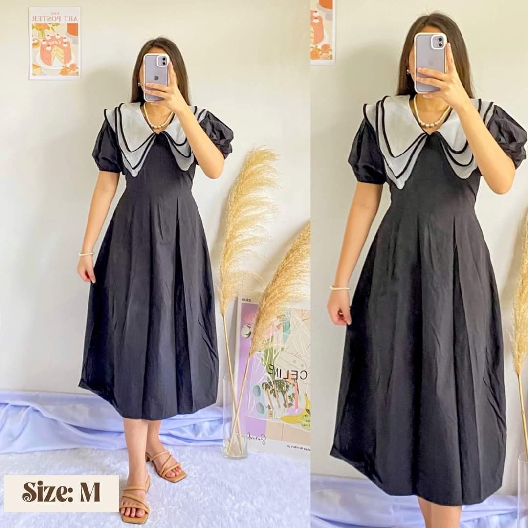 Retro 3 Layered Collar Puff Sleeves Maxi Dress Women s Fashion Dresses Sets Dresses on Carousell