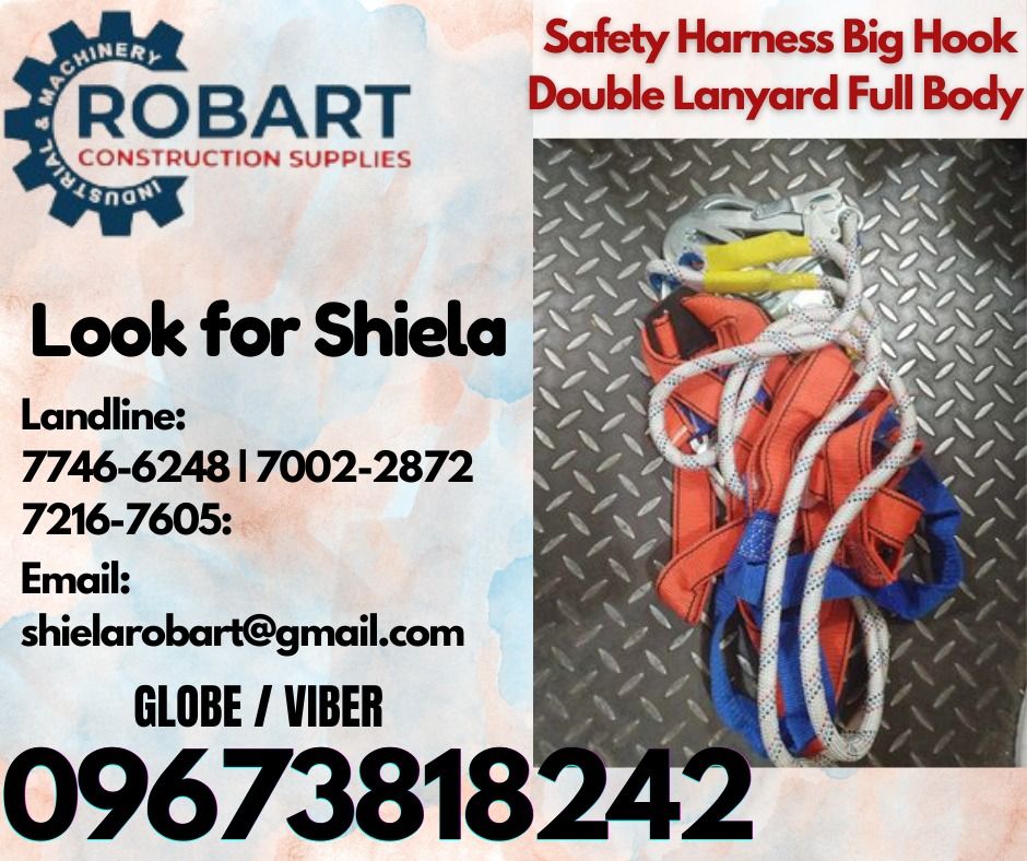 Safety Harness Big Hook Double Lanyard Full Body (Category: Construction Tools & Equipment) located in Caloocan City. Submitted by shielaroba44709 (Listing ID 1317942069, Image 1). Description: Safety Harness Big Hook Double Lanyard Full Body 𝑹𝑶𝑩𝑨𝑹𝑻 𝑪𝑶𝑵𝑺𝑻𝑹𝑼𝑪𝑻𝑰𝑶𝑵 𝑺𝑼𝑷𝑷𝑳𝑰𝑬𝑺 Office Address: 1405 Yuseco St. Sta Cruz Manila SEND US MESSAGE FOR INQUIRIES ‼️ ‼️ Call: 09673818242 / 09662708845 Vibr - (09673818242) Landline: (𝟩𝟩