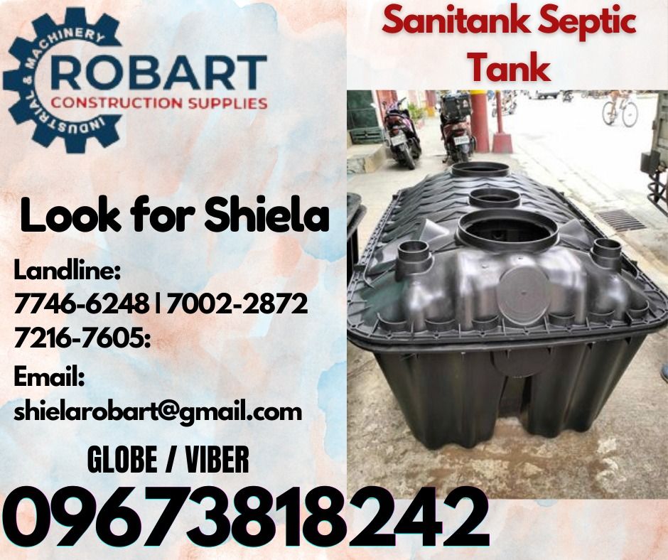 Sanitank Septic Tank (Category: Construction Tools & Equipment) located in Caloocan City. Submitted by shielaroba44709 (Listing ID 1317946070, Image 1). Description: Sanitank Septic Tank Model: SNSP1000 Size: 1000L 𝑹𝑶𝑩𝑨𝑹𝑻 𝑪𝑶𝑵𝑺𝑻𝑹𝑼𝑪𝑻𝑰𝑶𝑵 𝑺𝑼𝑷𝑷𝑳𝑰𝑬𝑺 Office Address: 1405 Yuseco St. Sta Cruz Manila SEND US MESSAGE FOR INQUIRIES ‼️ ‼️ Call: 09673818242 / 09662708845 Vibr - (09673818242) Landline: (𝟩𝟩𝟦𝟨-𝟨𝟤𝟦𝟪) / (𝟩𝟢𝟢𝟤-�