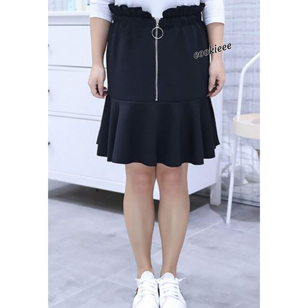 Size 4XL Plus Size BLACK Ruffle Smocked Waistband Mermaid Hem Front Zipper Classic Korean Tailored Skirt