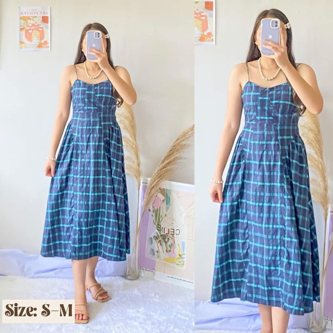 Spaghetti Strap Plaid Blue Midi Dress Women Women s Fashion Dresses Sets Dresses on Carousell