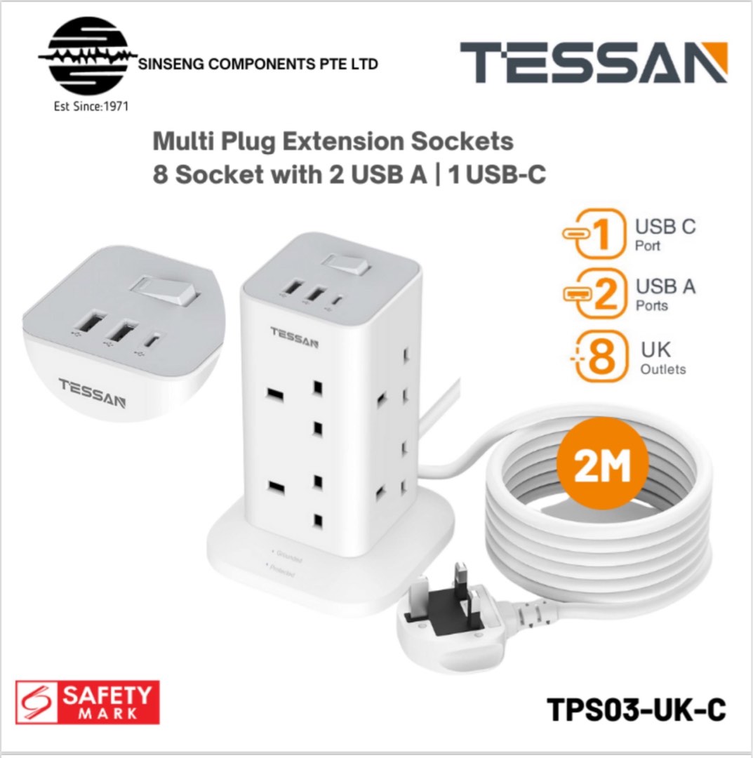 TESSAN Tower TPS03 8 Socket Plug AC Outlets Multi Plug Extension Socket ...