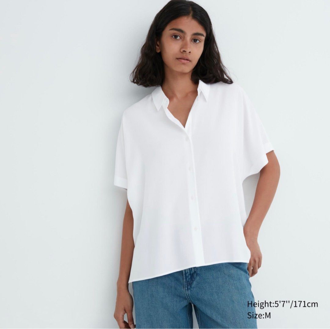 Uniqlo Collared Rayon Short Sleeve Button Down Shirt Blouse Women s Fashion Tops Blouses on Carousell