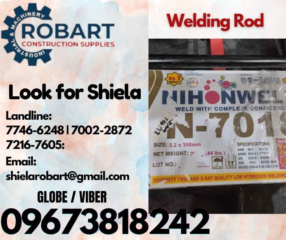 Welding Rod (Category: Construction Tools & Equipment) located in Caloocan City. Submitted by shielaroba44709 (Listing ID 1317942847, Image 1). Description: Welding Rod brand:NIHONWELD 7018 3.2mm 𝑹𝑶𝑩𝑨𝑹𝑻 𝑪𝑶𝑵𝑺𝑻𝑹𝑼𝑪𝑻𝑰𝑶𝑵 𝑺𝑼𝑷𝑷𝑳𝑰𝑬𝑺 Office Address: 1405 Yuseco St. Sta Cruz Manila SEND US MESSAGE FOR INQUIRIES ‼️ ‼️ Call: 09673818242 / 09662708845 Vibr - (09673818242) Landline: (𝟩𝟩𝟦𝟨-𝟨𝟤𝟦𝟪) / (𝟩𝟢𝟢𝟤-𝟤𝟪𝟩𝟤) / (𝟩𝟤𝟣�