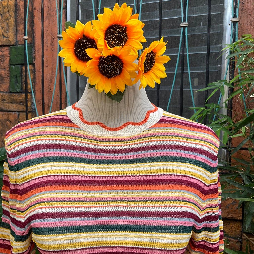 Zara knit women s sweater top airport sweater movie knitted rainbow knit long sleeve top Zara Multicolored Striped Knit Crop stretchy Top est Size S