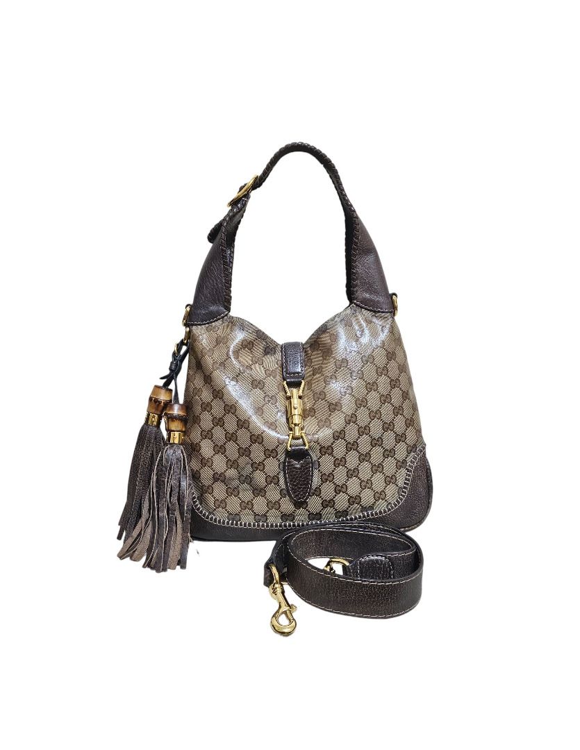 AUTHENTIC GUCCI MEDIUM NEW JACKIE BAMBOO TASSEL GG CRYSTAL CANVAS AND LEATHER HOBO SHOULDER BAG