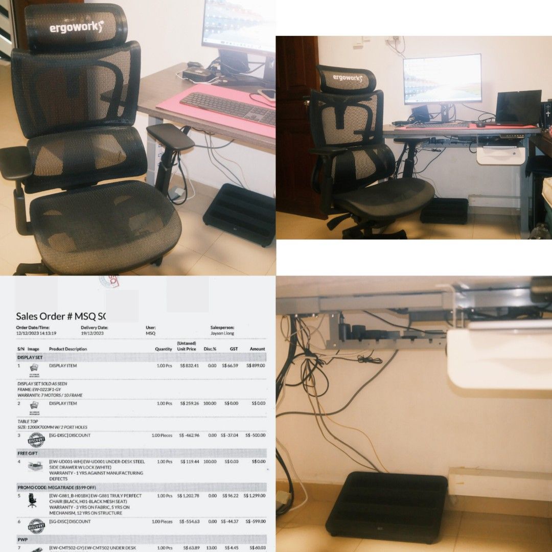 Ergoworks Ergonomic Electric Standing Sit Desk with drawer and cable compartment Ergonomic Chair and Ulti Ergonomic footrest