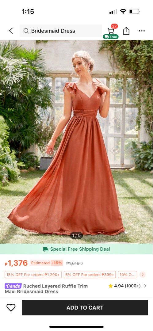 Formal dress/gown (Category: Evening dresses & gowns) located in Mandaluyong City. Submitted by _michaela (Listing ID 1322890921, Image 1). Description: Worn once Bought from Shein. Will send link for actual review/photo reference Color - rust Size - XL .