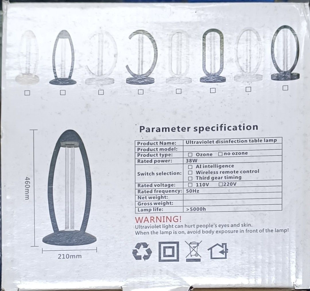 Germicidal Lamp (Category: Air Purifiers & Dehumidifiers) located in Manila. Submitted by calmstorm_cd883d (Listing ID 1322813906, Image 2). Description: Ultraviolet disinfectant table lamp AI intelligence wireless remote control Third gear timer 200v AC 38w 5000hrs lamp life.