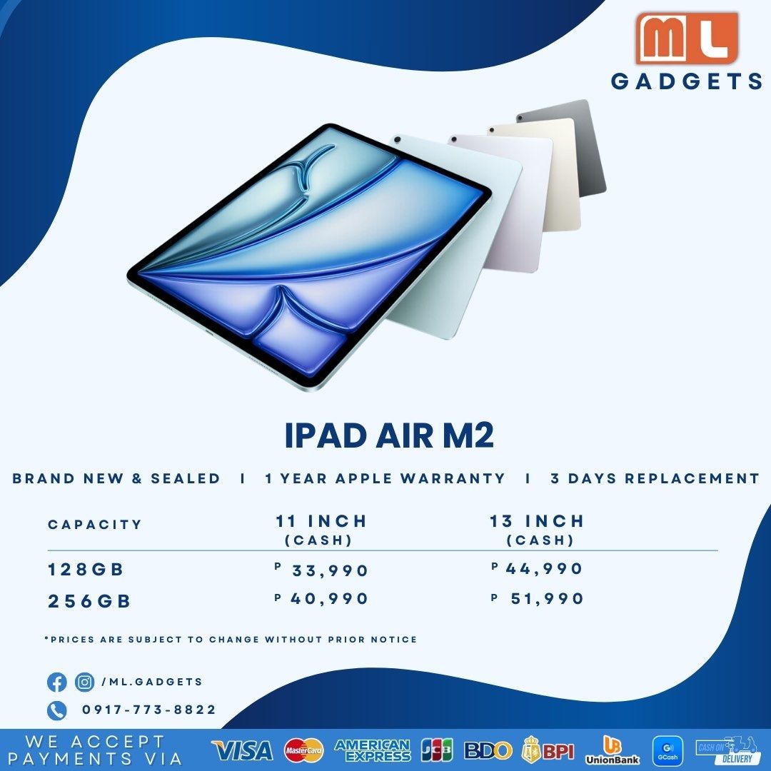 iPad Air M2 (Category: iPad) located in Makati City. Submitted by ml.gadgets (Listing ID 1322776387, Image 1). Description: Cheap deal 🔥🔥 iPad Air M2 - Brand new and sealed - 3 days shop replacement warranty - 1 year Apple Limited warranty ✅ C.O.D. | C.O.P. ✅ Same day delivery (Metro Manila area) ✅ LBC shipping (Outside Metro Manila) ✅ Online | Bank Transfer ✅ Credit Card (Straight | Installment) (Straight - any major credit card) (Installment 
