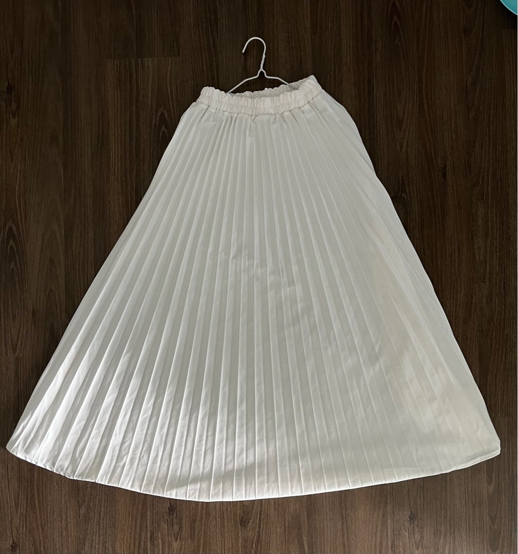 [Free Size] Long Pleated Skirt [White] , Women