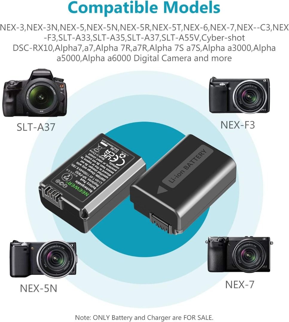 NEEWER NP-FW50 Camera Battery Charger Set Compatible with Sony ZV-E10 A7 A7R A7RII A7II A7SII A7S a6300 a6400 a6500 RX10 Series, 2 Pack 1100mAh Replacement Batteries, Micro USB&Type C Dual Charger62865819659907114