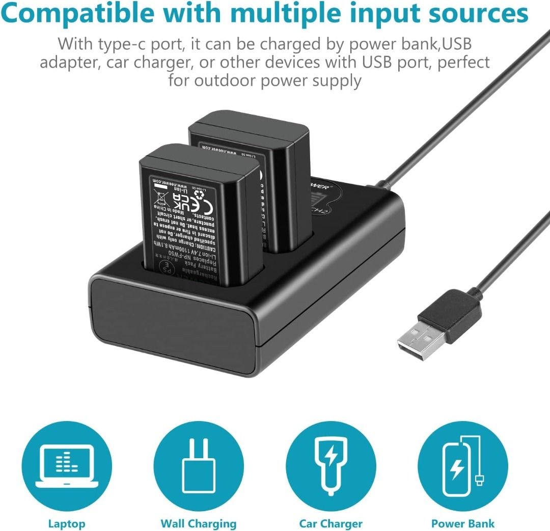 NEEWER NP-FW50 Camera Battery Charger Set Compatible with Sony ZV-E10 A7 A7R A7RII A7II A7SII A7S a6300 a6400 a6500 RX10 Series, 2 Pack 1100mAh Replacement Batteries, Micro USB&Type C Dual Charger62865819659907111