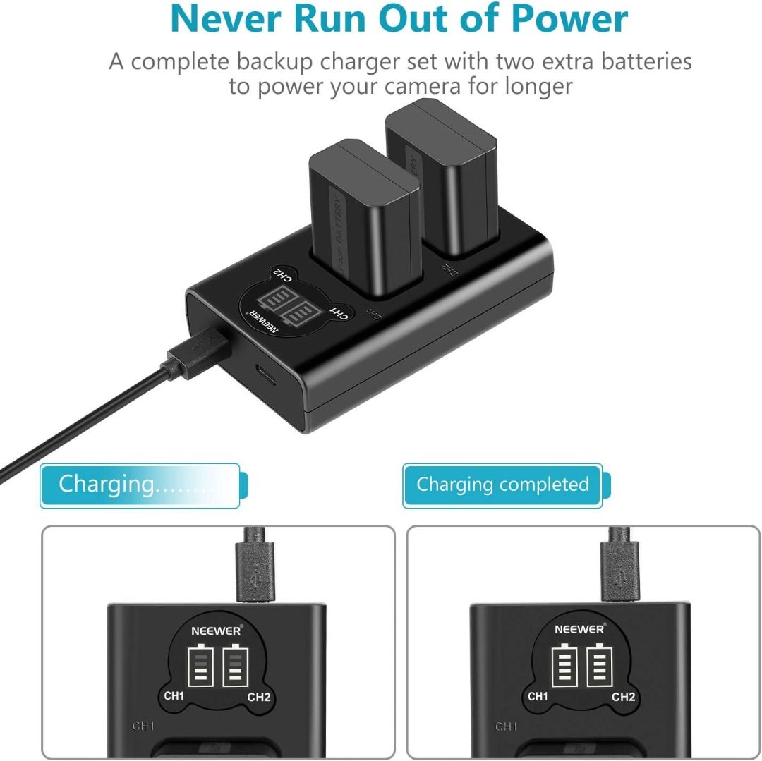 NEEWER NP-FW50 Camera Battery Charger Set Compatible with Sony ZV-E10 A7 A7R A7RII A7II A7SII A7S a6300 a6400 a6500 RX10 Series, 2 Pack 1100mAh Replacement Batteries, Micro USB&Type C Dual Charger62865819659907112