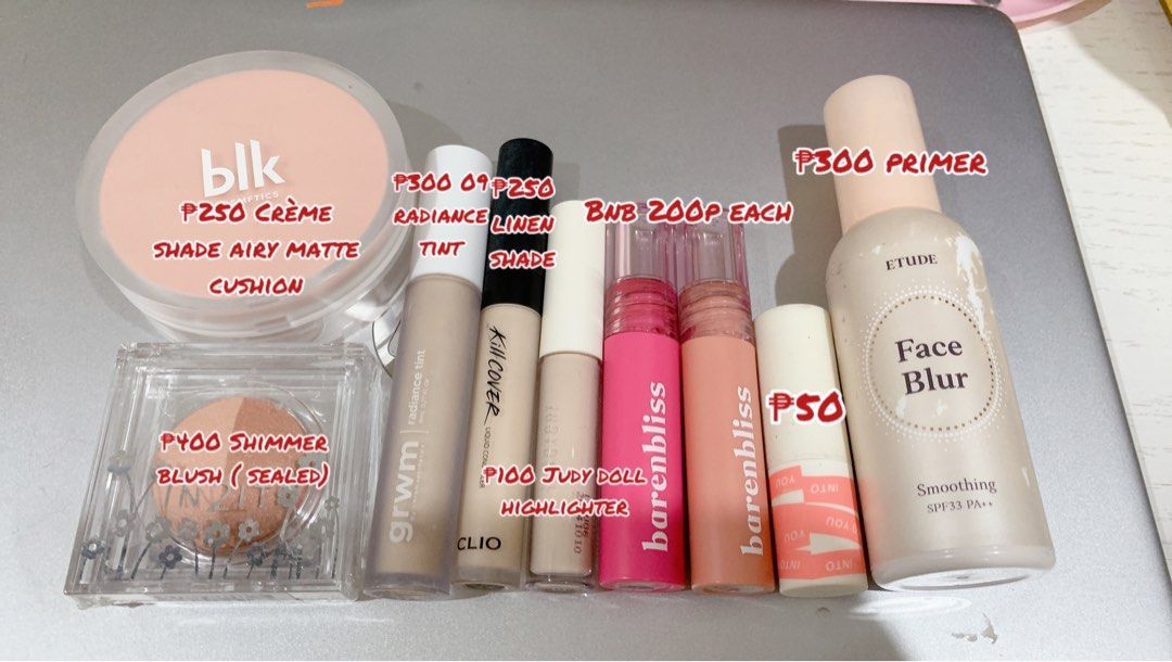 Preloved Makeup set and Bundle available (Category: Makeup) located in Paranaque City. Submitted by kiwimochi297244 (Listing ID 1313901646, Image 3). Description: Kindly take note on the prices written in the picture. Price is still negotiable Price range: ₱80 -₱400 Free shipping if take all ₱2,000 ( metro Manila only) Note: expiration date = DEC 2025 and 2026 ( 90-95% unused) .