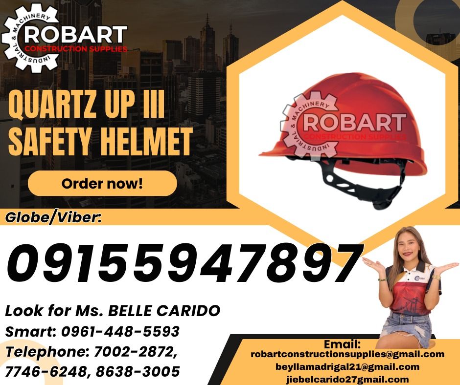 QUARTZ UP III Safety Helmet (Category: Construction Tools & Equipment) located in Manila. Submitted by bellarobart (Listing ID 1322764368, Image 1). Description: QUARTZ UP III Safety Helmet Brand: Deltaplus 𝑹𝑶𝑩𝑨𝑹𝑻 𝑪𝑶𝑵𝑺𝑻𝑹𝑼𝑪𝑻𝑰𝑶𝑵 𝑺𝑼𝑷𝑷𝑳𝑰𝑬𝑺 Office Address: 1405 Yuseco St. Sta Cruz Manila SEND US MESSAGE FOR INQUIRIES ‼️ ‼️ Glb/Vibr: 0915-594-7897 Smrt: 0961-448-5593 Landline: (7746-6248 / 7002-2872) 𝓛𝓞𝓞𝓚 𝓕𝓞𝓡 𝓑𝓔𝓛𝓛𝓔