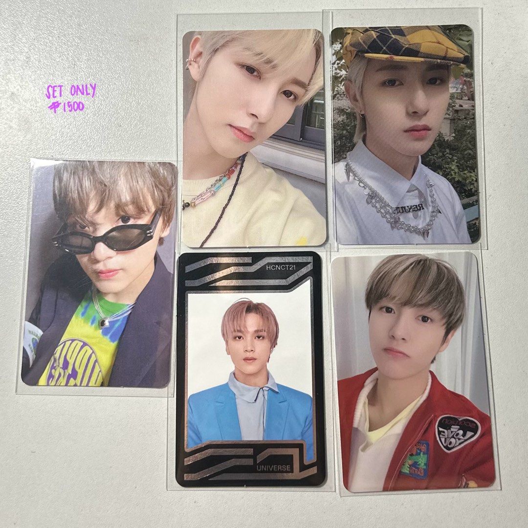 renjun + haechan photocards (Category: K-Wave Merchandise) located in Baguio. Submitted by chaewos (Listing ID 1322837102, Image 2). Description: set a (4 pcs) ₱1730 set b (5 pcs) ₱1500 take all = ₱3000 (free sf) mop: gcash mod: j&t empathy album, hot sauce jewel case, hello future kihno, universe jewel case are included.